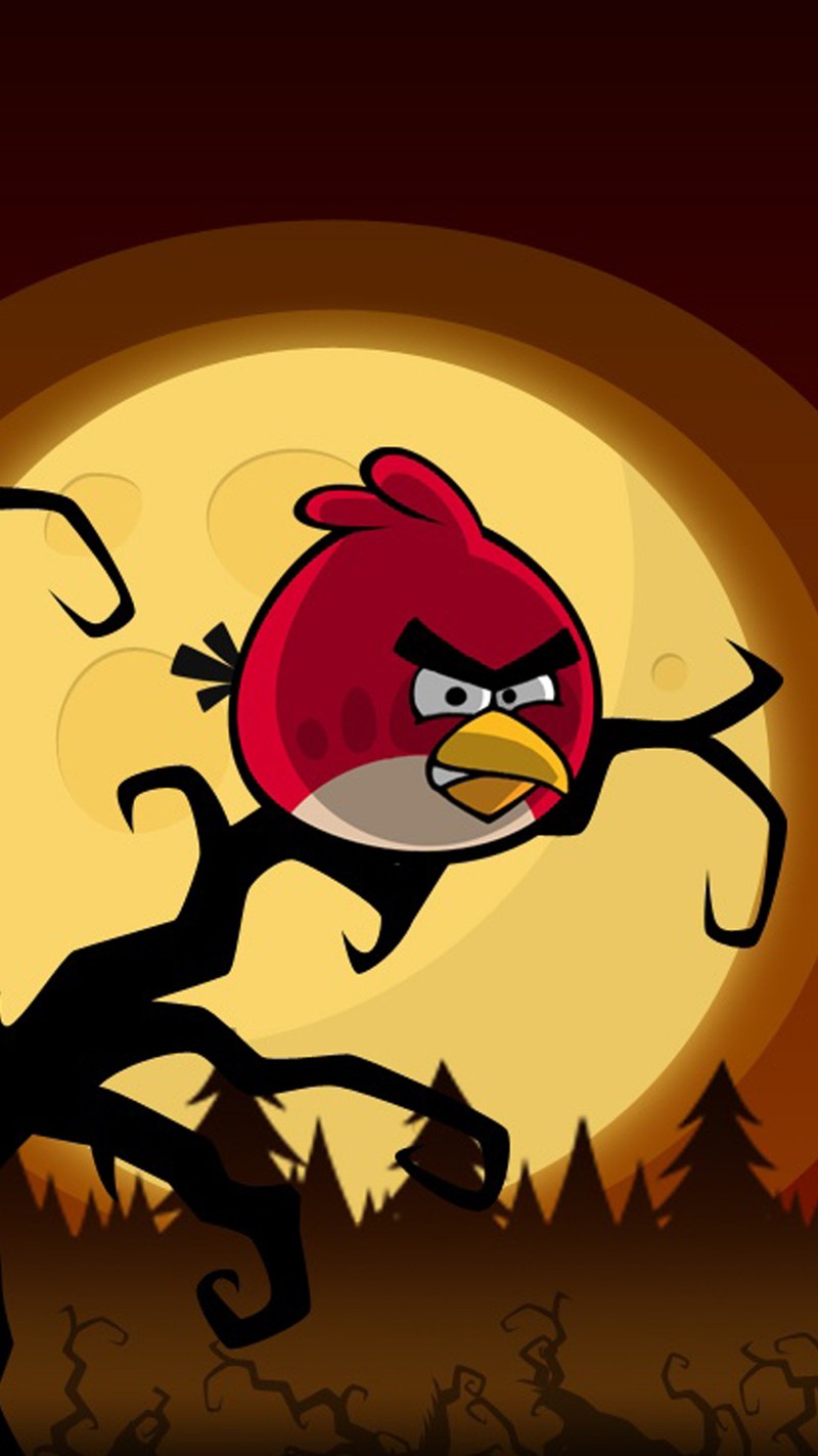 Разъяренная птица летит перед полной луной с деревом (гневная птица, angry bird, красный)