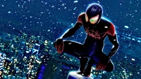 Miles Morales como Homem-Aranha em uma paisagem urbana nevada, pronto para a ação.