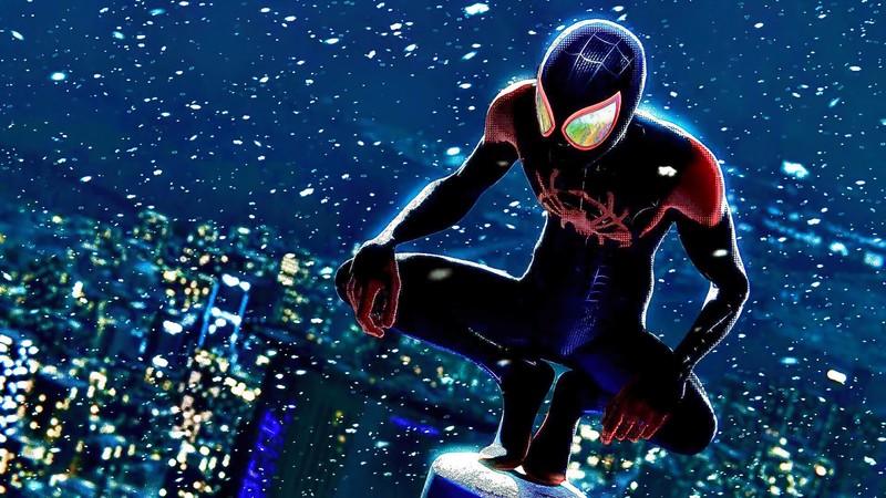 Человек-паук в черном костюме стоит на сноуборде (marvels spider man miles morales, плейстейшен 5, ps5, видеоигра, майлз моралес)