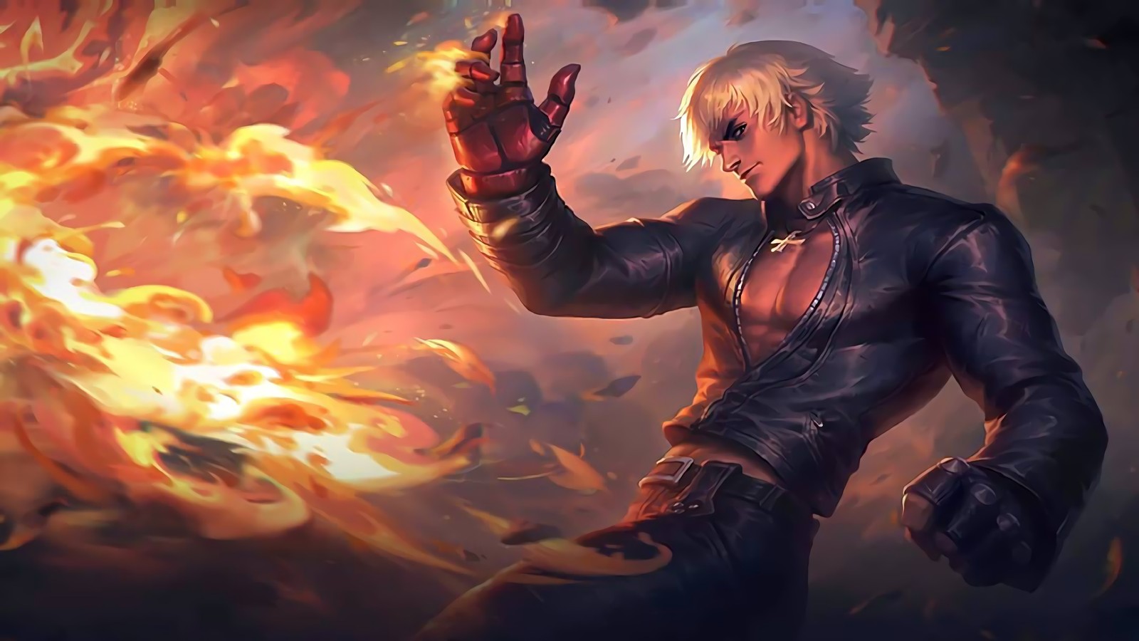 Un hombre con chaqueta de cuero sosteniendo una bola de fuego (gusion, k, kof, king of fighters, mobile legends)