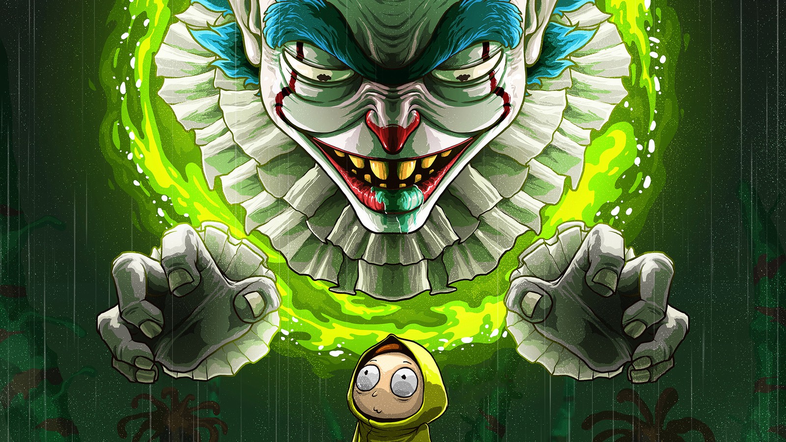 A close up of a cartoon clown with a green background (pennywise, clown, rick and morty, tv series)