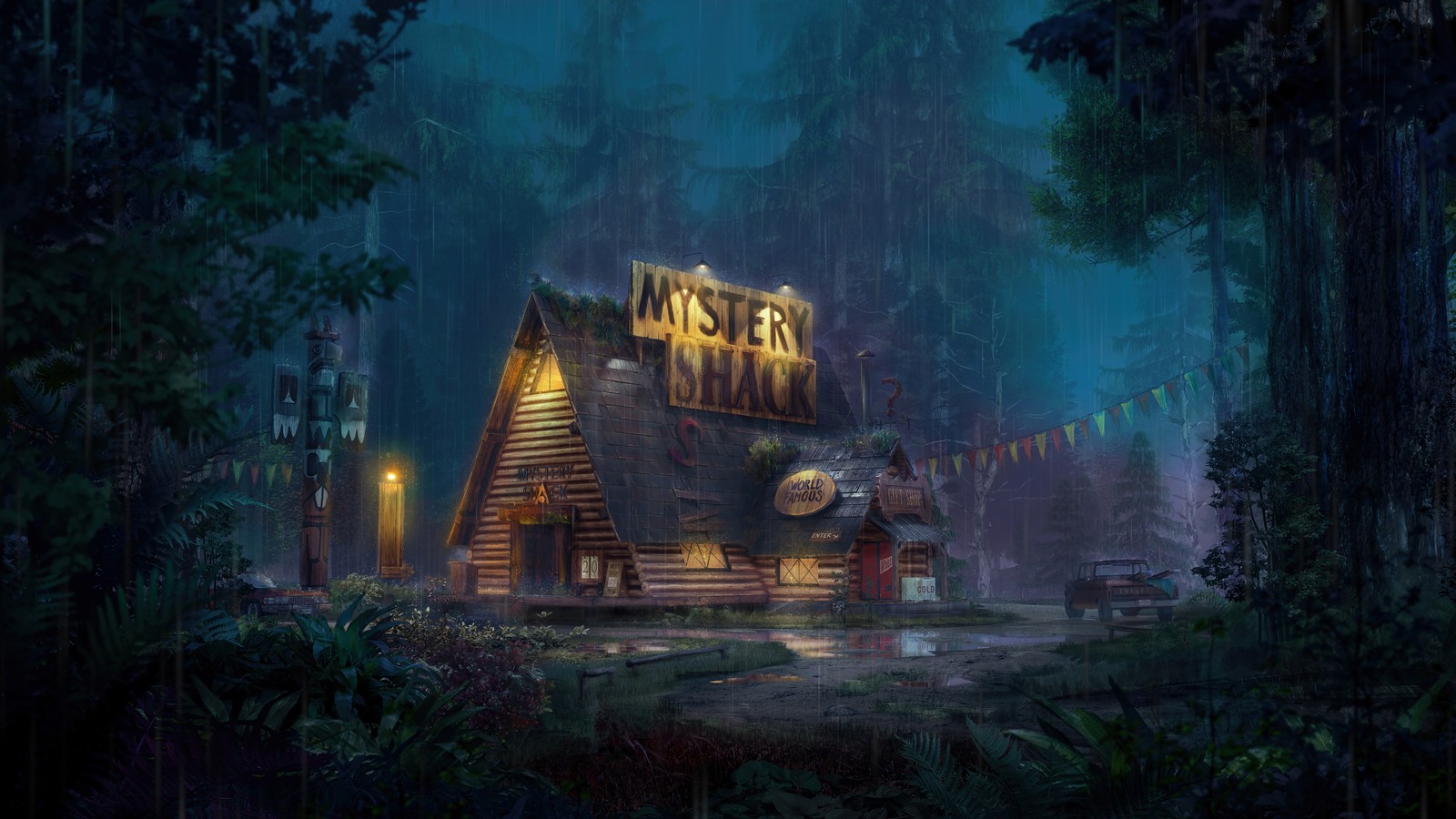 Uma pintura de uma cabana na floresta com uma placa que diz "caça ao mistério" (mystery shack, gravity falls, desenho animado, série de televisão)