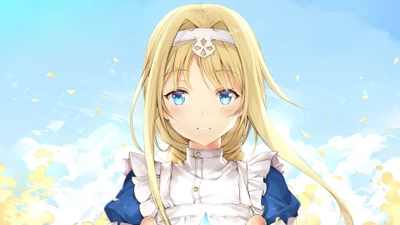 Alice Zuberg de Sword Art Online: Alicization en un entorno sereno y etéreo con cielos azules y suaves pétalos.