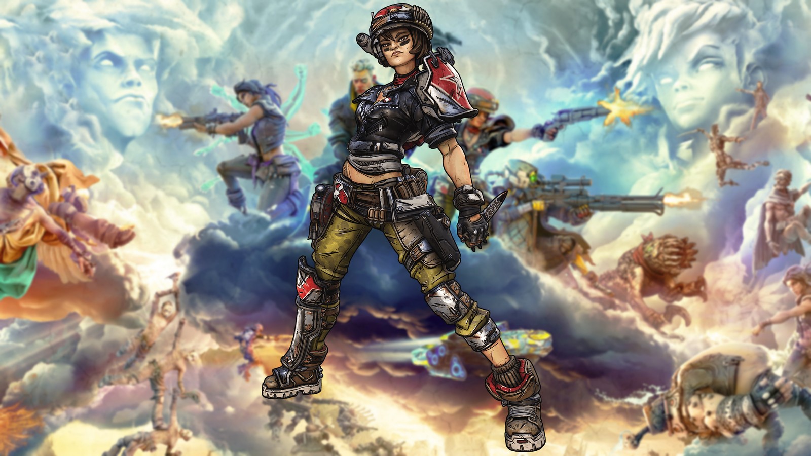 A woman in a black outfit standing in front of a painting (moze, borderlands 3, video game)