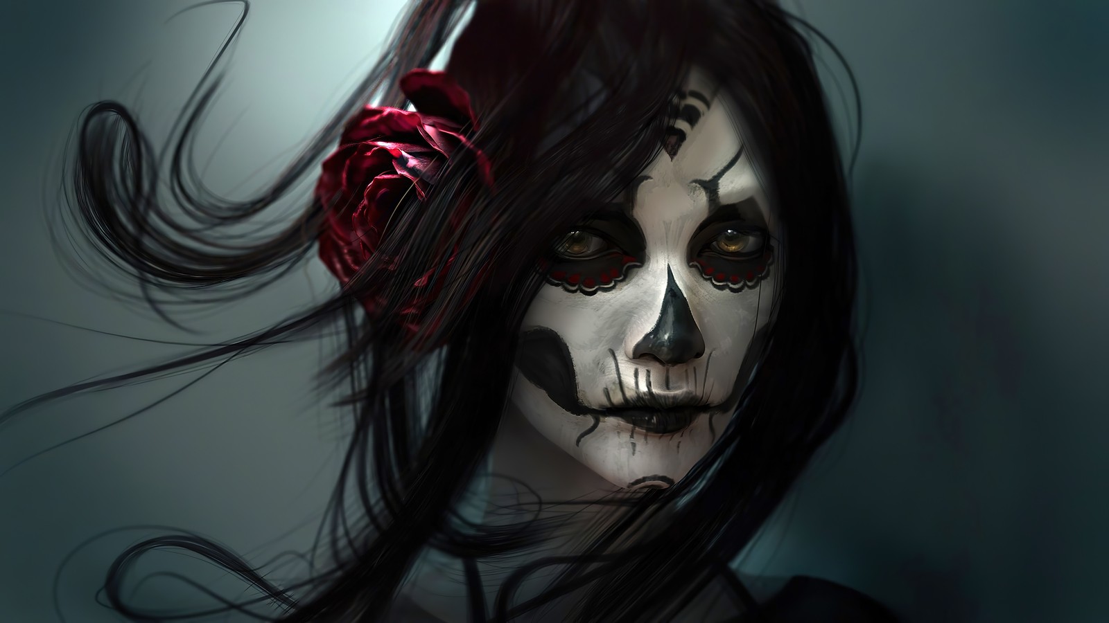 Un primer plano de una mujer con cara de esqueleto y una rosa en el cabello (día de los muertos, chicas, maquillaje, arte digital)