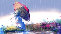 Garota de anime com uma máscara de gás sob um guarda-chuva coberto de flores na chuva