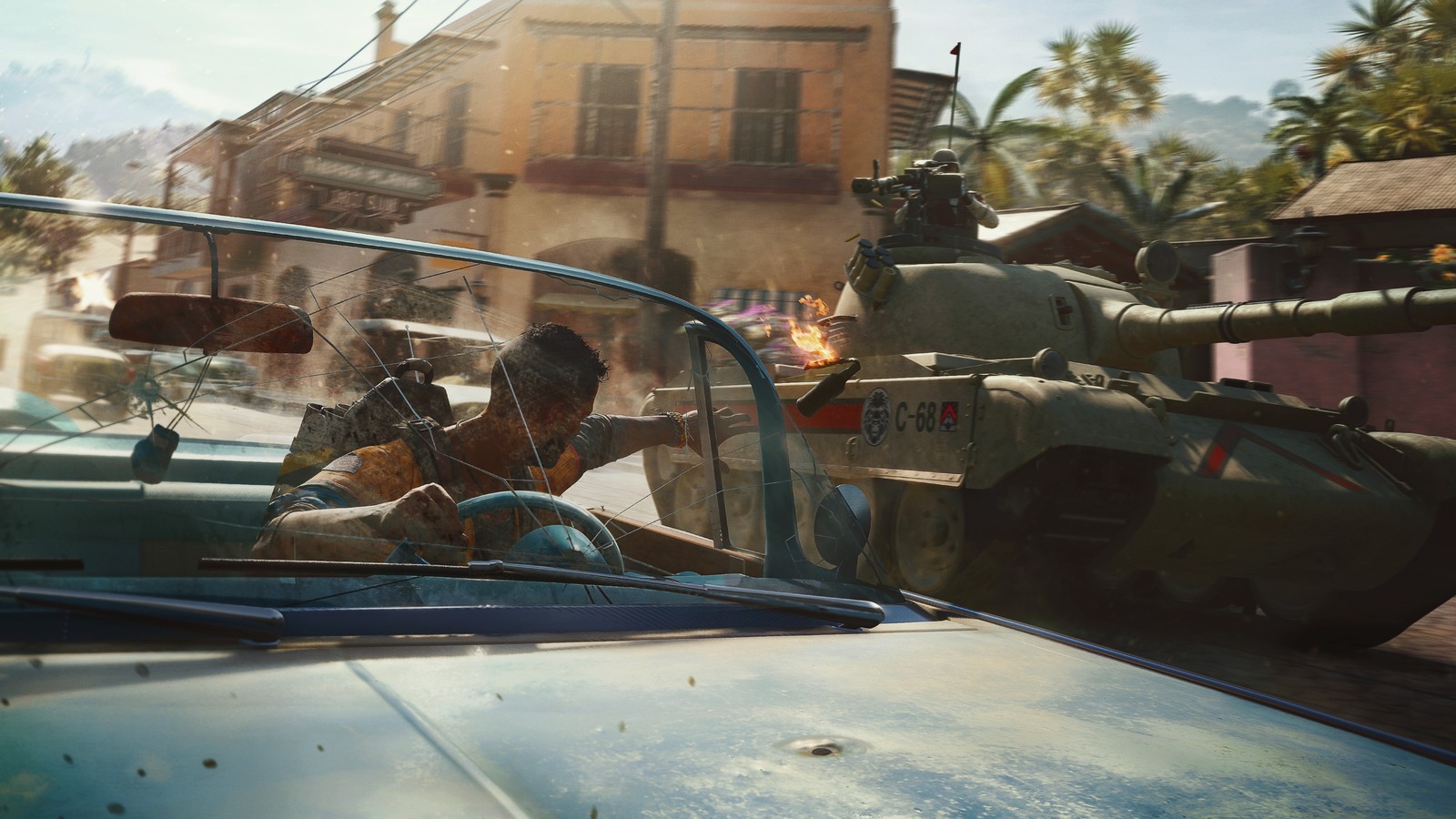 A man driving a car with a tank in the back (far cry 6, video game)