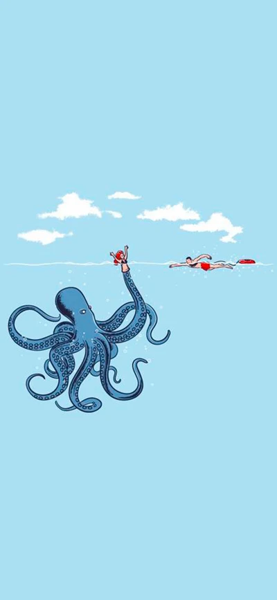 Electric Blue Octopus Reaching for a Floating Heart