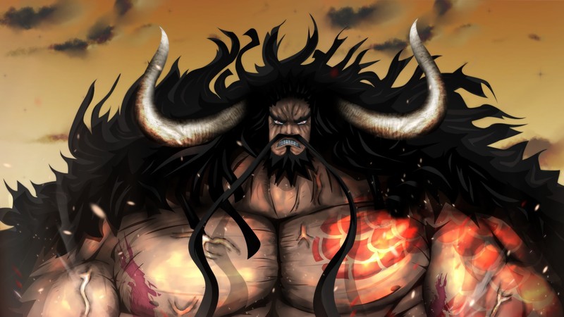 A close up of a demon with horns and a fire (kaido, one piece, anime)