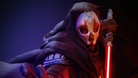 Darth Nihilus empuña un sable de luz rojo en un fondo oscuro y estrellado