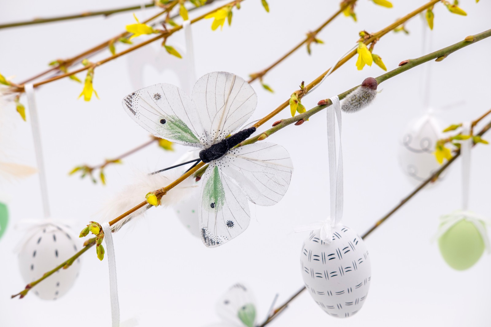 Il y a de nombreux papillons en papier suspendus à une branche d'arbre (œufs de pâques, décoration de pâques, blanc, branches, éphémère)