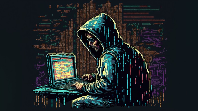 Близкий план человека, сидящего перед ноутбуком (хакер, hacker, цифровое искусство)