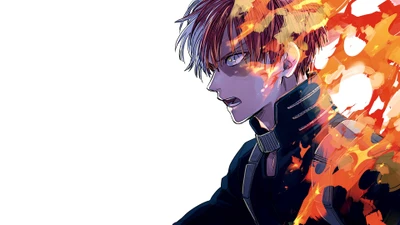 Shoto Todoroki libérant ses pouvoirs de feu dans une illustration anime dynamique.