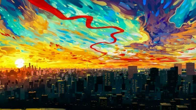 Vibrant Urban Sunset: A Colorful Anime Cityscape