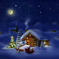 Enchanting Christmas Night: A Cozy Cabin, Festive Tree, and Sleigh in a Winter Wonderland