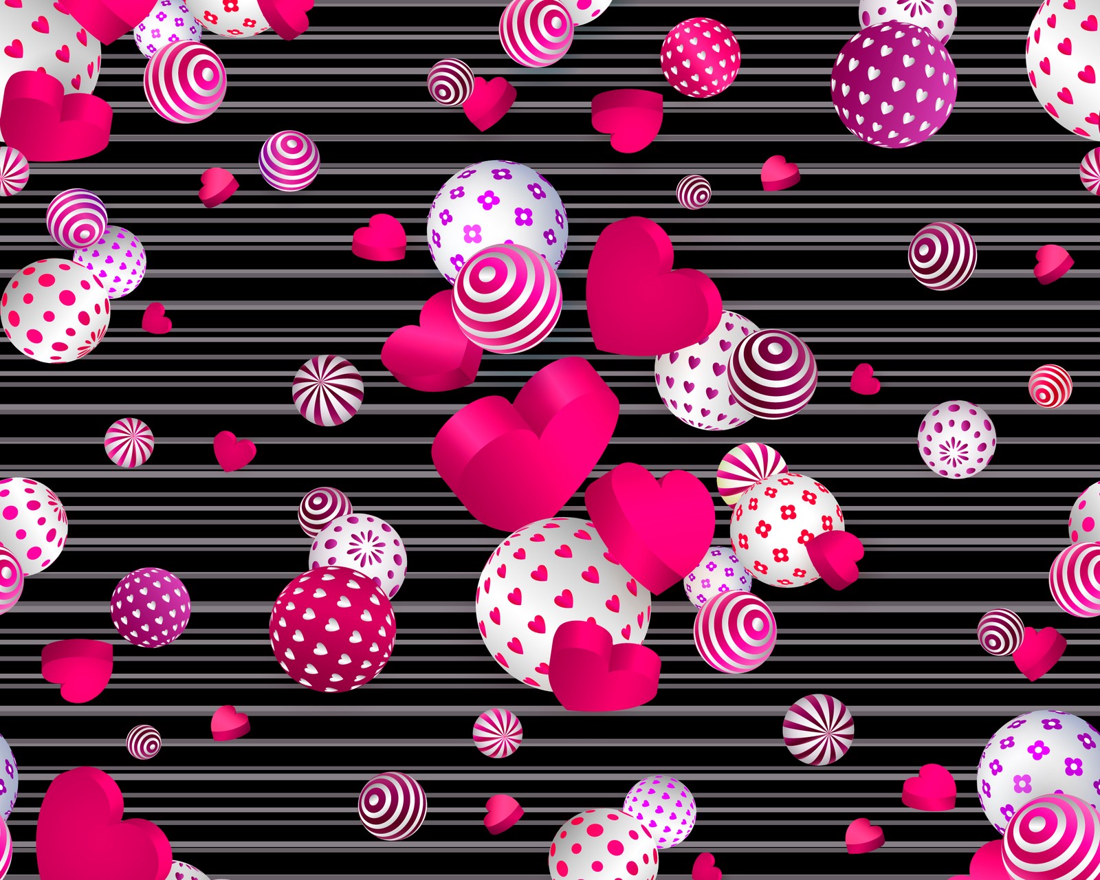 Un primer plano de un montón de globos y corazones sobre un fondo negro (rosa, patrón, magenta, diseño, corazón)