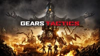 Confronto épico entre soldados táticos e inimigos monstruosos em um campo de batalha em chamas em "Gears Tactics".