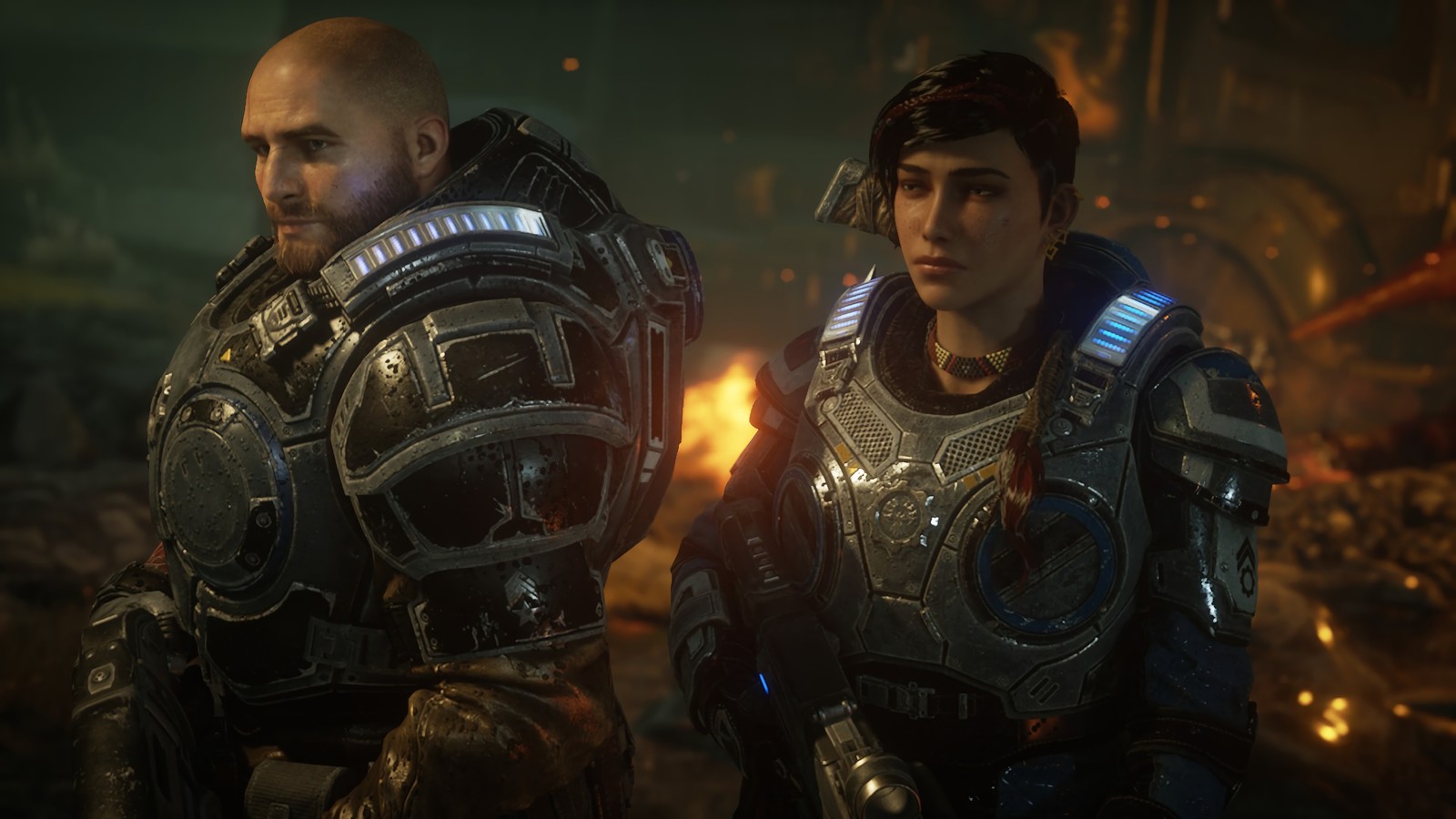 Герсон и мужчина в доспехах стоят рядом друг с другом (gears 5, видеоигра, gears of war 5, кейт диаз, kait diaz)