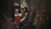 Enchanted Embrace: A Samurai and Kimono-Clad Girl in a Mystical Realm