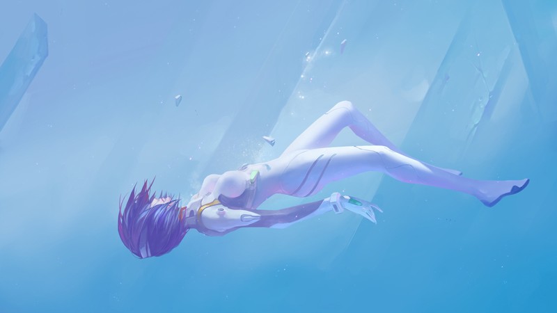 Аниме девочка, плавающая в воде с рыбой в руке (рей аямами, rei ayanami, аниме, anime, рукав)