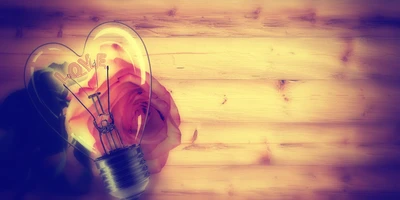 Heart-Shaped Light Bulb with 'Love' Inside, Surrounded by a Rose on a Wooden Background