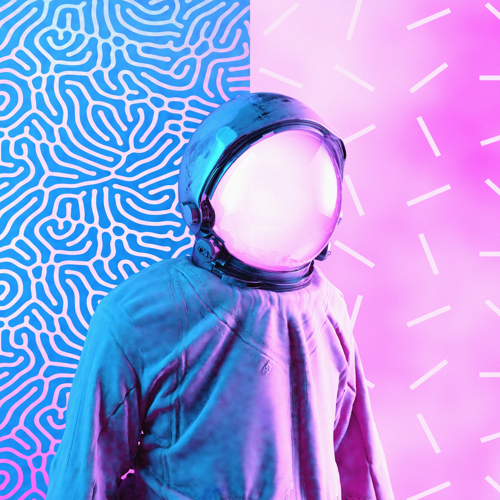 Una fotografía de colores brillantes de una persona con un traje espacial y un casco (traje espacial, vaporwave, fondo rosa, experimento, cgi)