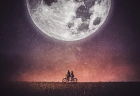 Two Figures Cycling Under a Majestic Full Moon in a Starry Sky