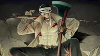 Zombieman aus One Punch Man: ein wilder und blutiger Krieger mit selbstbewusstem Auftreten, der zwischen Trümmern sitzt und eine Axt und ein Schwert schwingt.