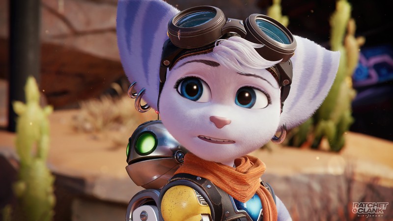 Крупный план мультяшного персонажа в шляпе и очках (заклепка, ratchet clank rift apart, ratchet and clank rift apart, видеоигра)