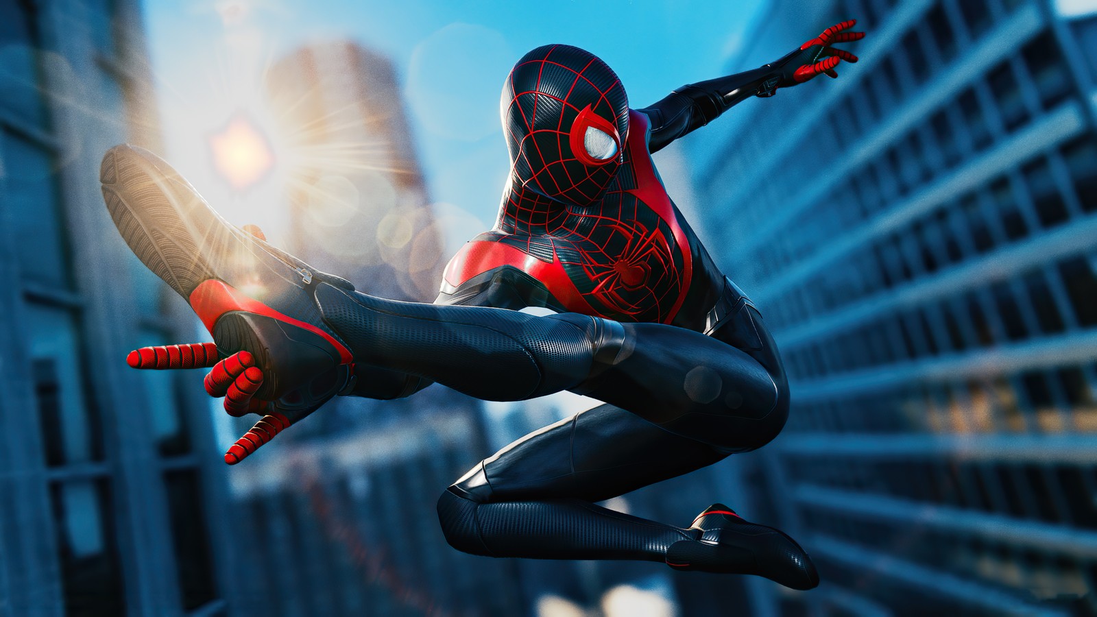 Spider-man en costume vole dans les airs (marvels spider man miles morales, mode photo, playstation 5, jeux 2020, 2020 games)