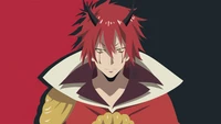 Benimaru from "That Time I Got Reincarnated as a Slime" with striking red hair and devilish horns, exuding confidence in a bold, contrasting background.