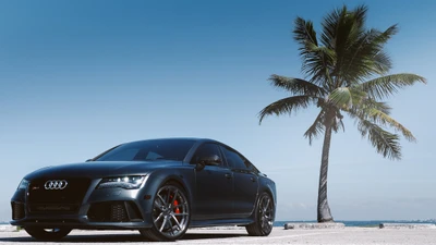 2015 Audi RS7 Sportback перед пальмой на фоне ясного неба.