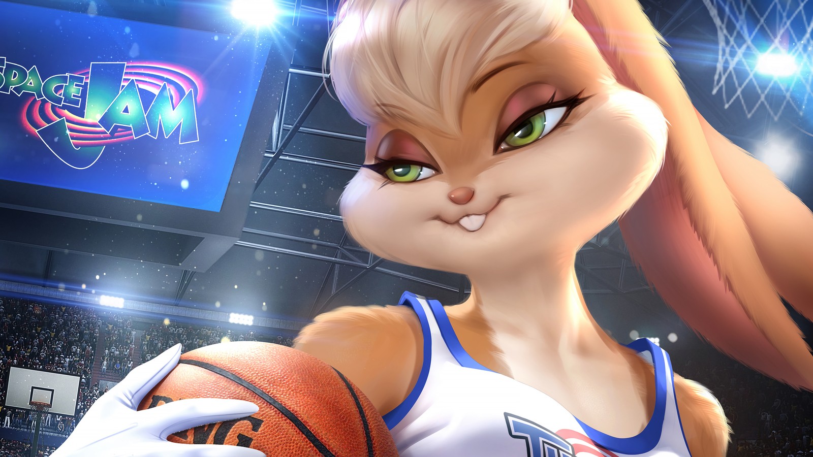 A close up of a cartoon character holding a basketball ball (lola bunny, tune squad, space jam, digital art)