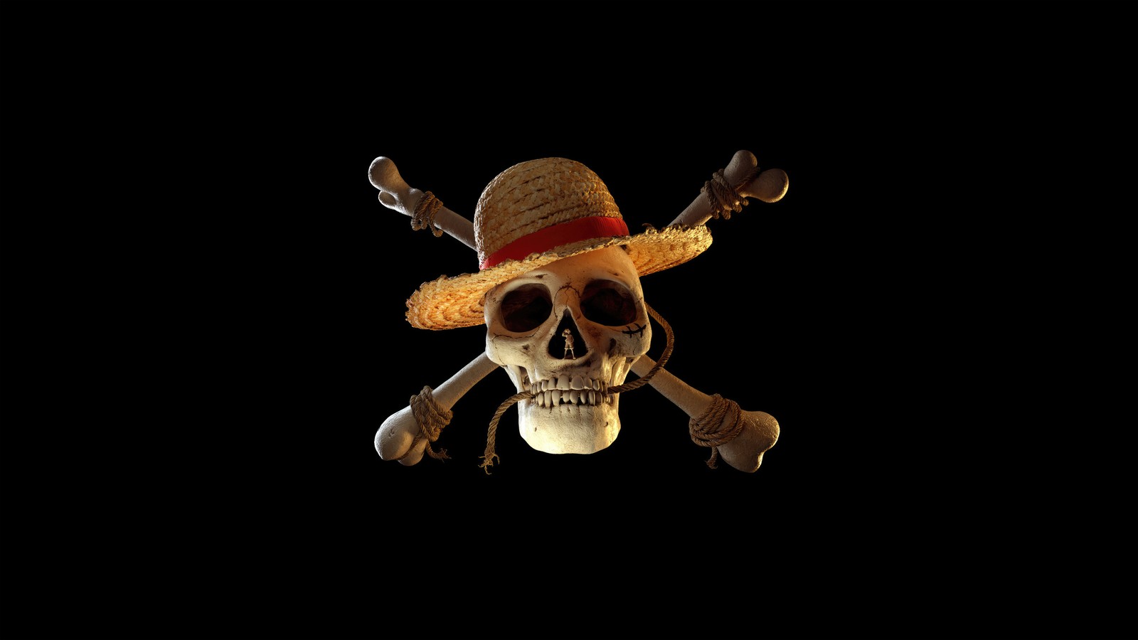 Skull with straw hat and crossed swords on black background (one piece, logo, amoled, black background, 5k)