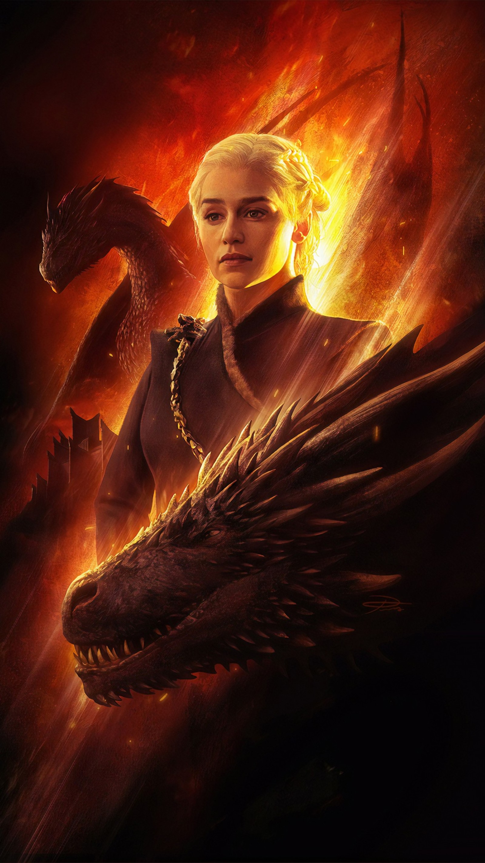 A close up of a person with a dragon on a fire background (emilia clarke, daenerys targaryen, game of thrones, house targaryen, jon snow)