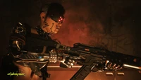 Cyborg in a neon-lit scene, aiming a futuristic weapon in a gritty, cyberpunk environment.