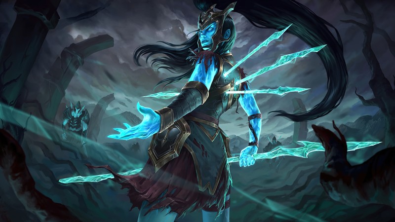 Женщина с мечом в руке и демоном на заднем плане (калиста, kalista, lol, league of legends, видеоигра)