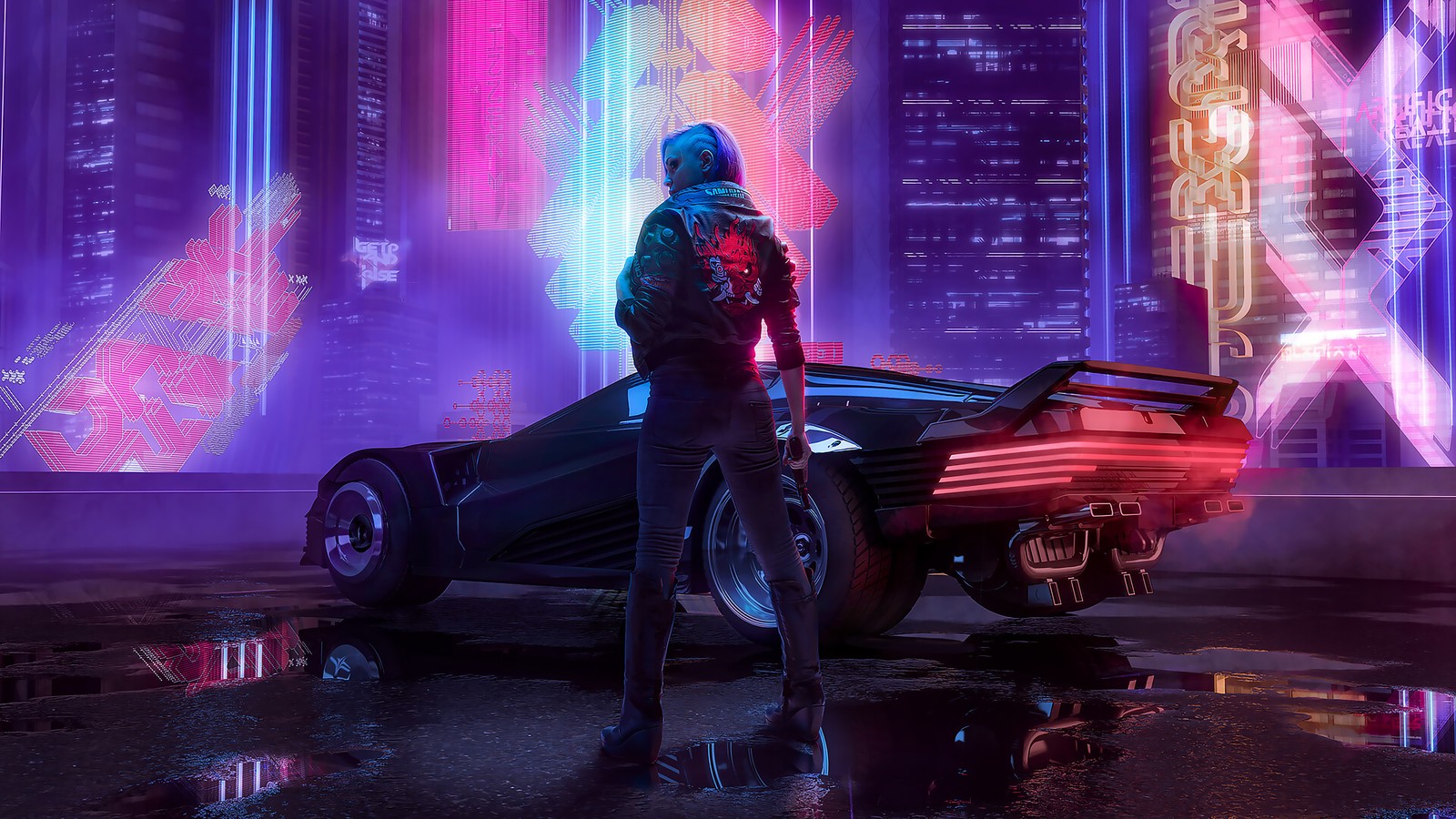 Женщина стоит перед автомобилем в кибер-городе (cyberpunk 2077, шина, колесо, машины, автомобильное освещение)