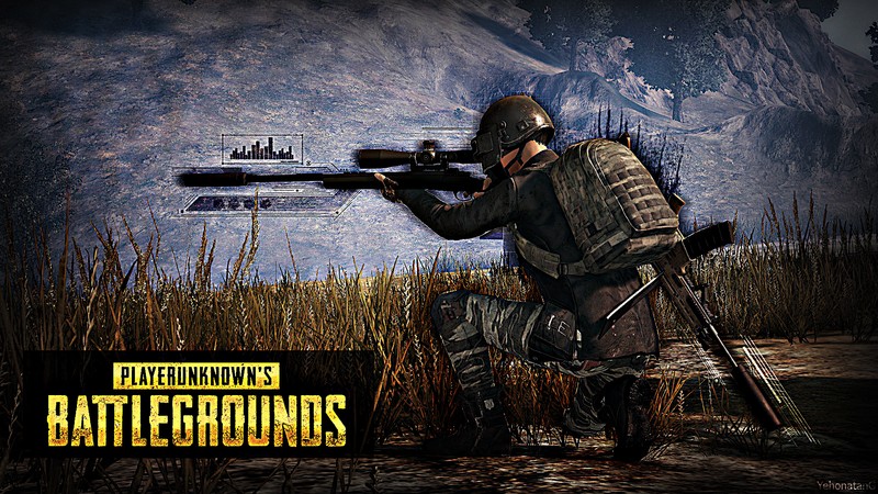 Мужчина с винтовкой на поле с горой на заднем плане (playerunknowns battlegrounds, видеоигра, снайпер)