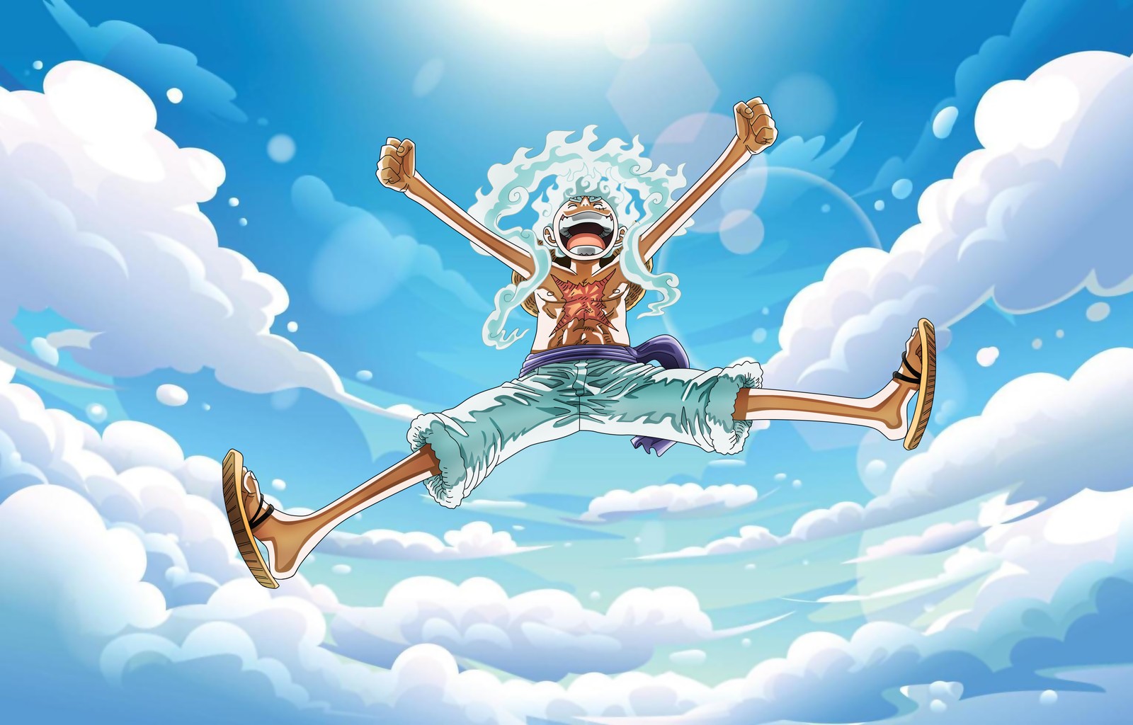 Un homme sautant dans les airs les bras écartés (équipement 5, monkey d luffy, one piece, 5k, dieu soleil nika)