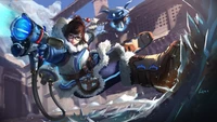 Mei in action, wielding her ice blaster in a snowy environment, with her robotic companion by her side.