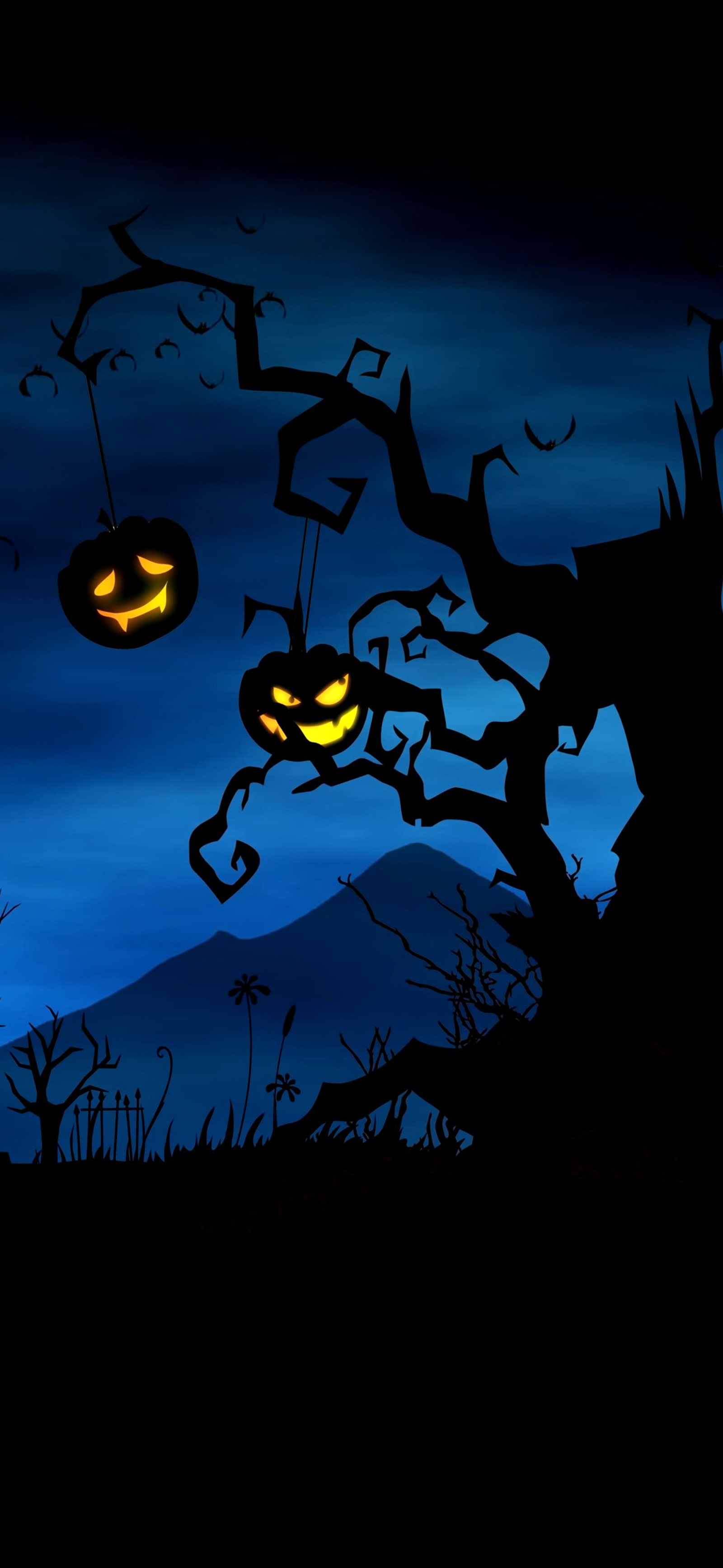 There is a scary tree with two pumpkins hanging from it (apples, azure, branch, cloud, twig)