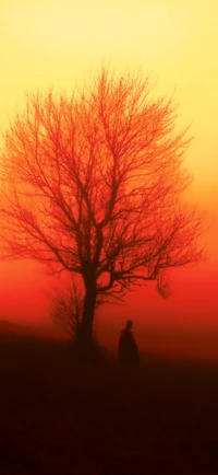 Árbol en silueta contra un atardecer naranja en un paisaje sereno