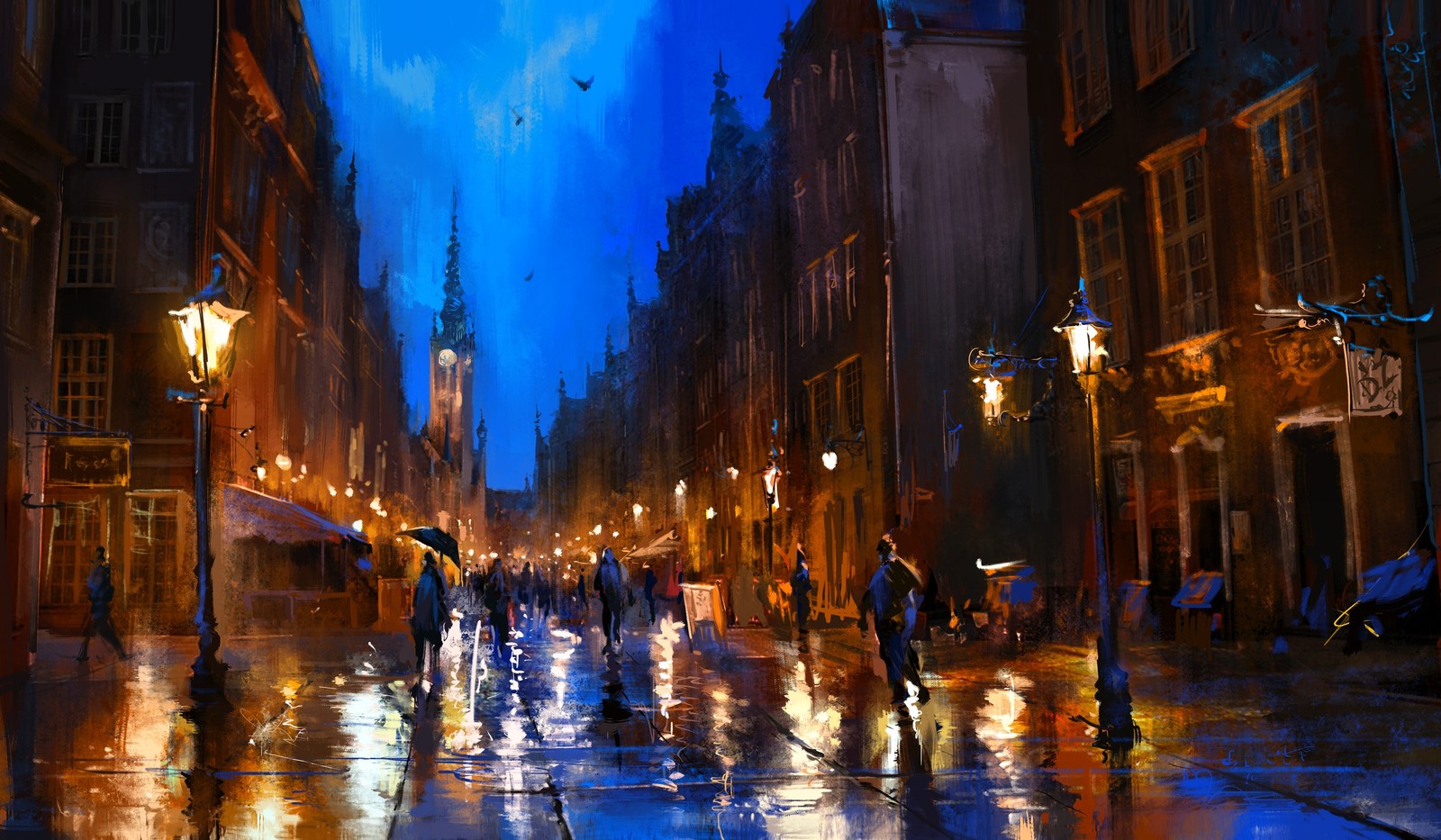 Painting of a city street at night with people walking on the sidewalk (art, concept art, painting, artist, night)