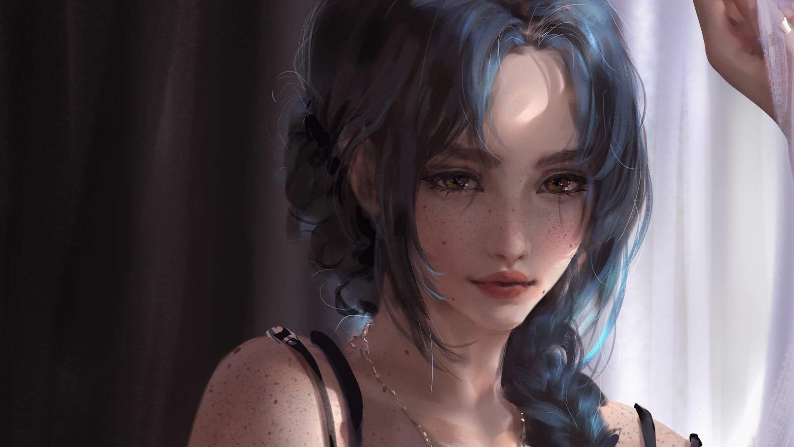 Um close-up de uma mulher com cabelo azul e um colar. (fantasia, menina, arte digital)