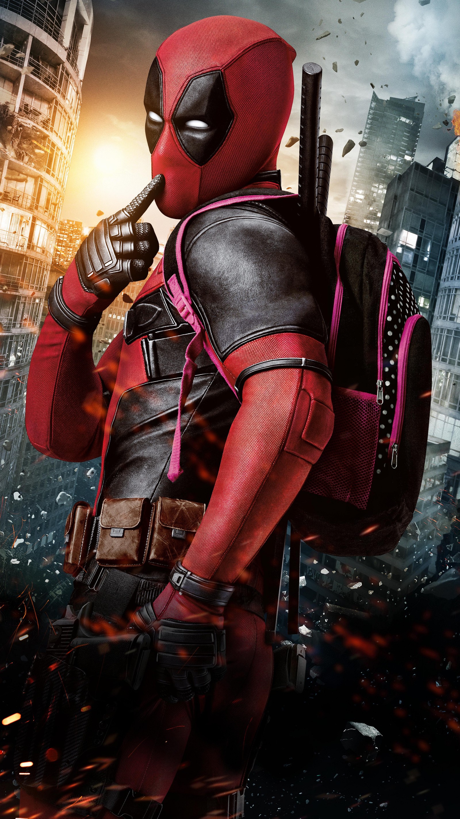 Deadpool in a suit with a backpack and a gun (art, city, deadpool, fantasy, fire)