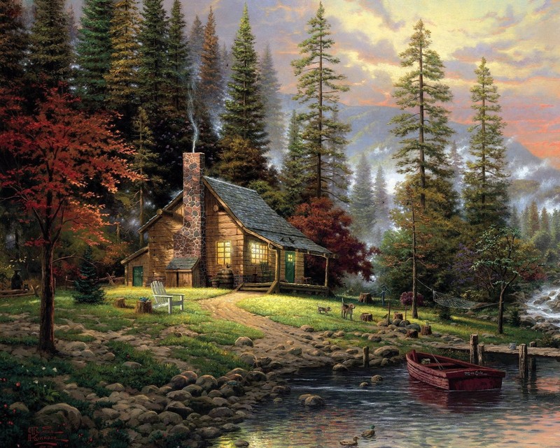 A painting of a cabin with a boat on the water (colorful, nature, painted, village)