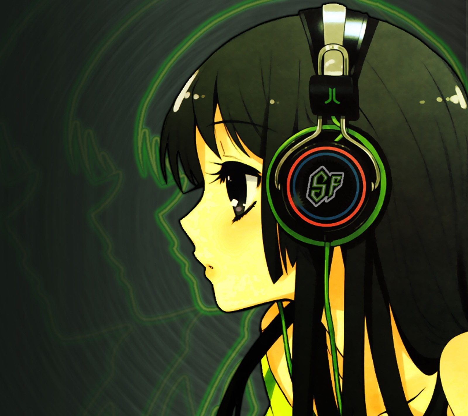 Chica de anime con auriculares mirando un fondo verde (anime, música)