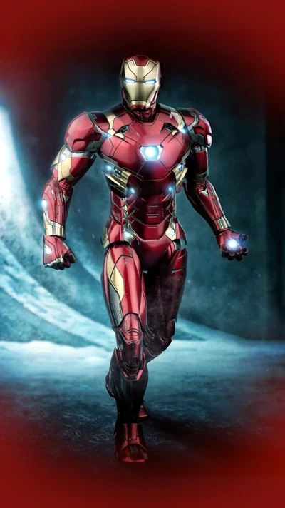 Iron Man dans une posture puissante, mettant en valeur son armure rouge et or emblématique.