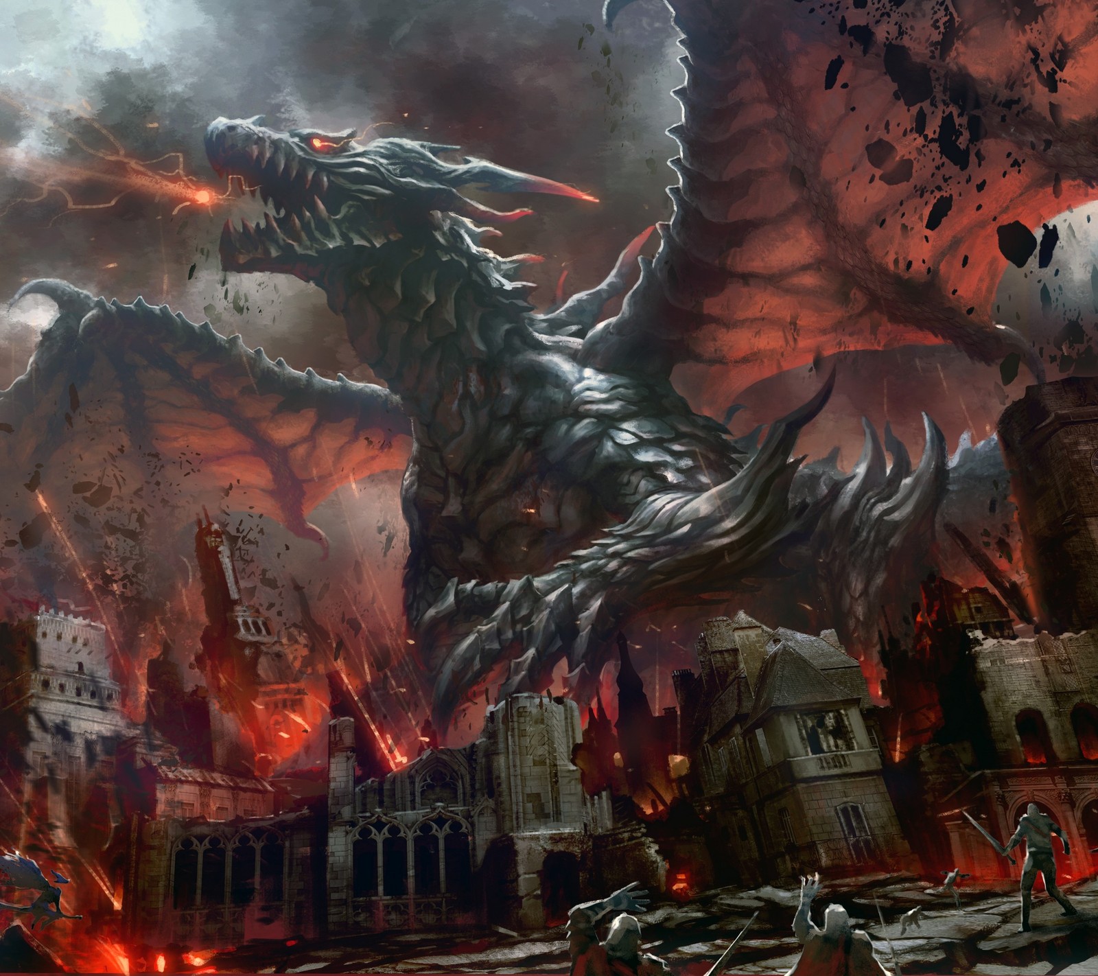 Godzilla attacking a city with a giant dragon in the middle of it (death, destroy, dragon, drake, fantasy)